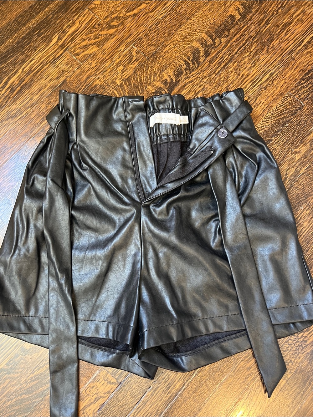 bishop + young Black Faux Leather Paperbag Waist Shorts with Tie